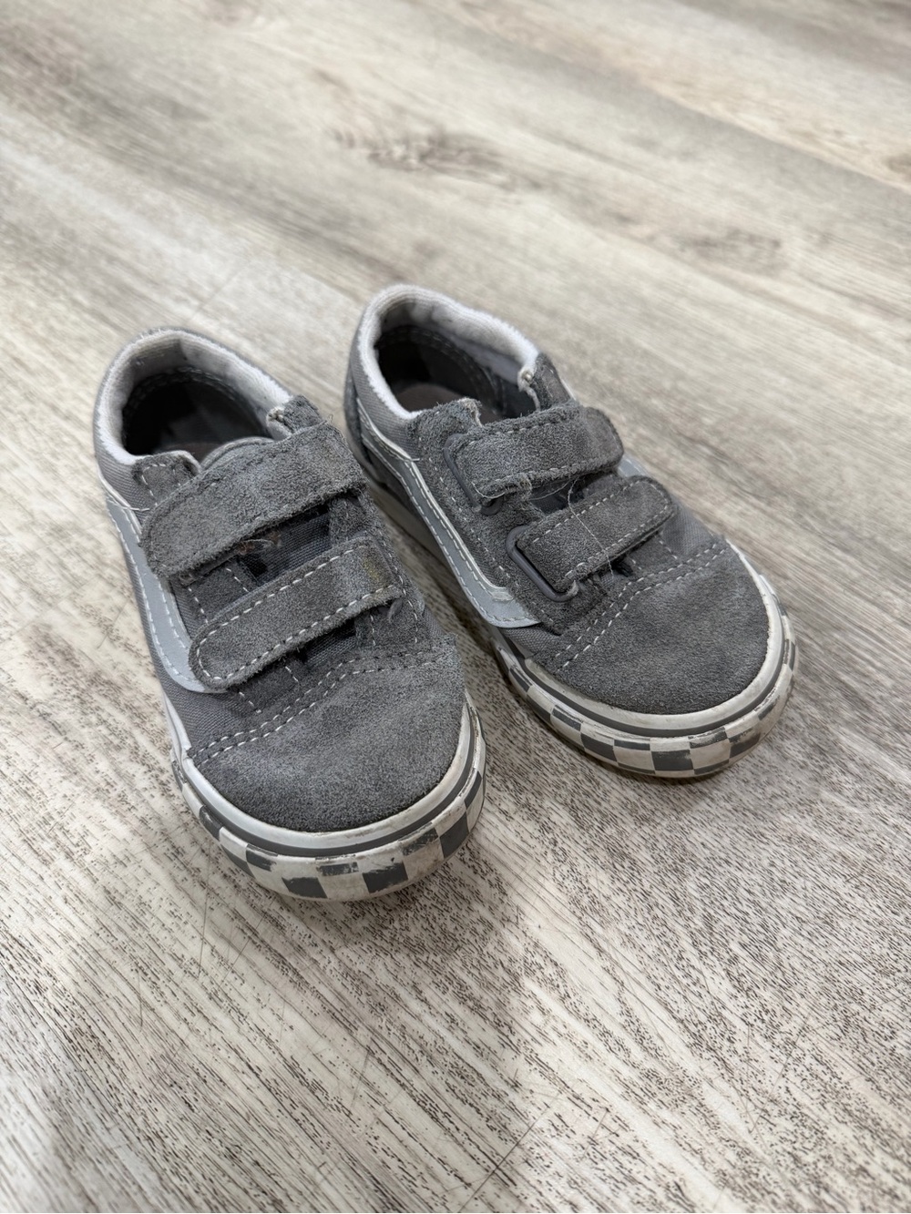 Vans Kids Gray Suede Velcro Sneakers with Checkerboard Trim